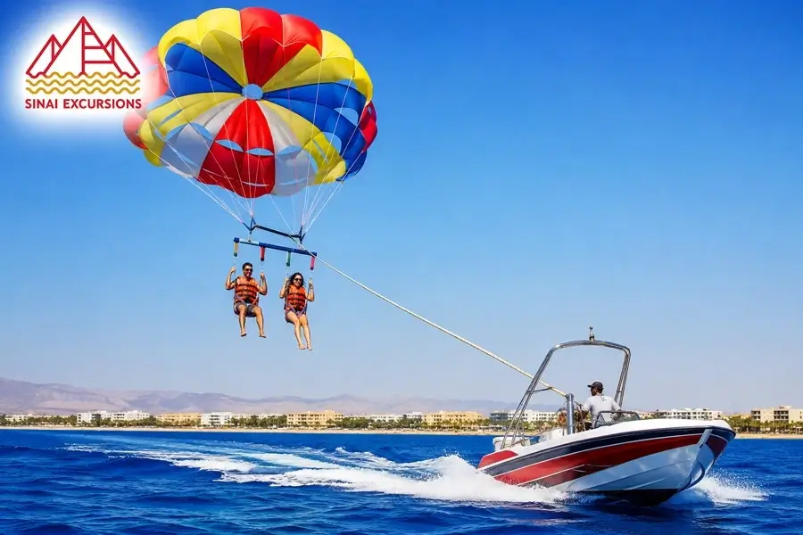 Parasailing above the turquoise Red Sea near Hurghada.